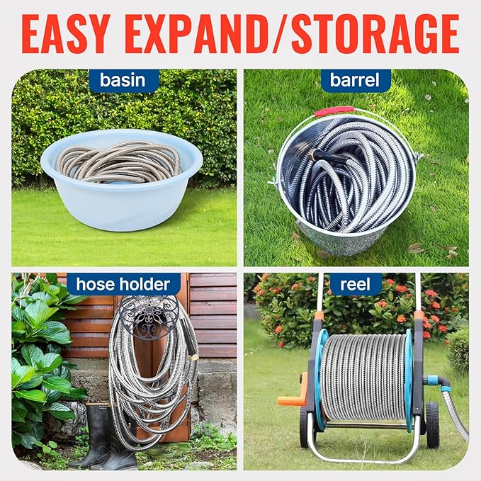 YAMATIC 100FT Stainless Steel Garden Hose with 10 Pattern Spray Nozzle, Heavy Duty Metal Water Hose, Kink-Free, Rust Resistant Hose for Yard, Lawn, RV, Outdoor