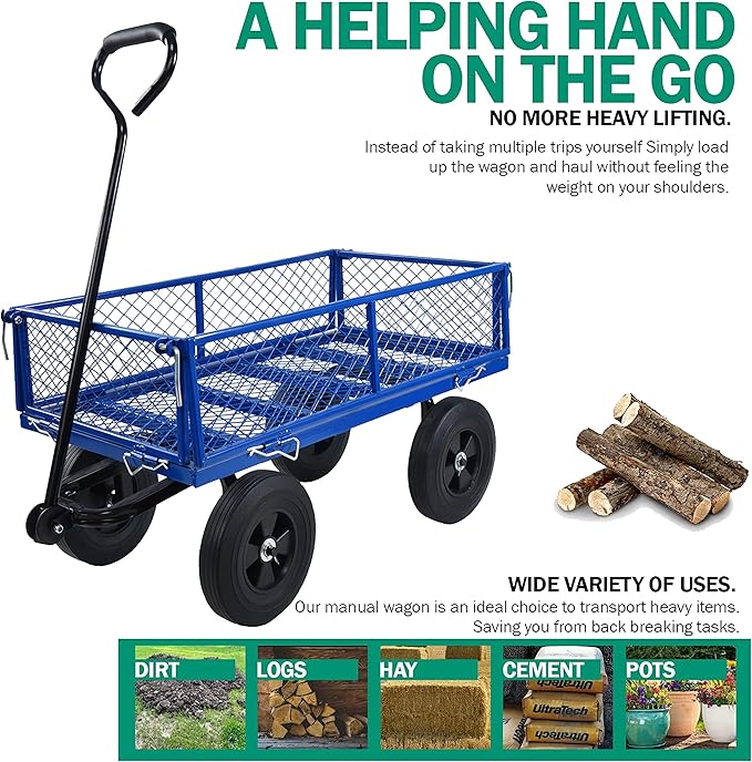 Solid Wheels 10" Flat Free Tires Steel Garden Wagon cart A Large-Capacity mesh with a Load of 1100LBS,with Detachable Side and no Pneumatic Tires,can be Used in Farms,Warehouses,etc.