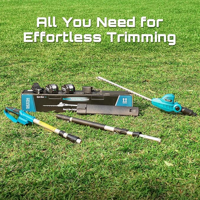 SEESII Pole Hedge Trimmer Cordless: Electric Bush Trimmer Tool for Yard - 16" Dual-Action Blade, Detachable Telescoping Pole, Dual 4.0Ah Battery, Powerful Branches Cutter for Tree & Shrubs Pruning