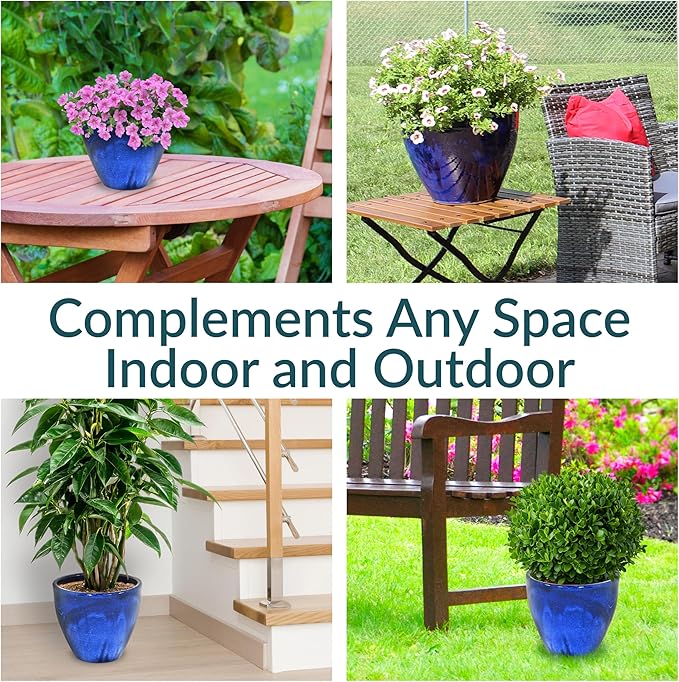 Sunnydaze Large Ceramic Plant Pot - Round Outdoor Glazed Ceramic Planter Pot with Drainage - Resort - Imperial Blue - 13.5"