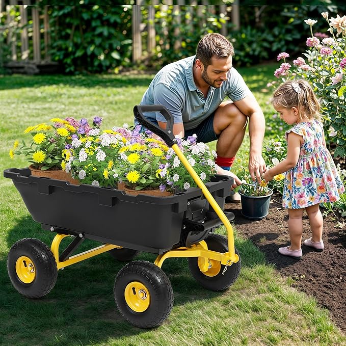 800lb Garden Dump Cart,Utility Wagon Wheelbarrows with Quick-Release System&4 Pneumatic Tires,Heavy Duty Yard Dump Wagon with Steel Frame for Yard,Farm,Garden and Halloween Hauling (Yellow)