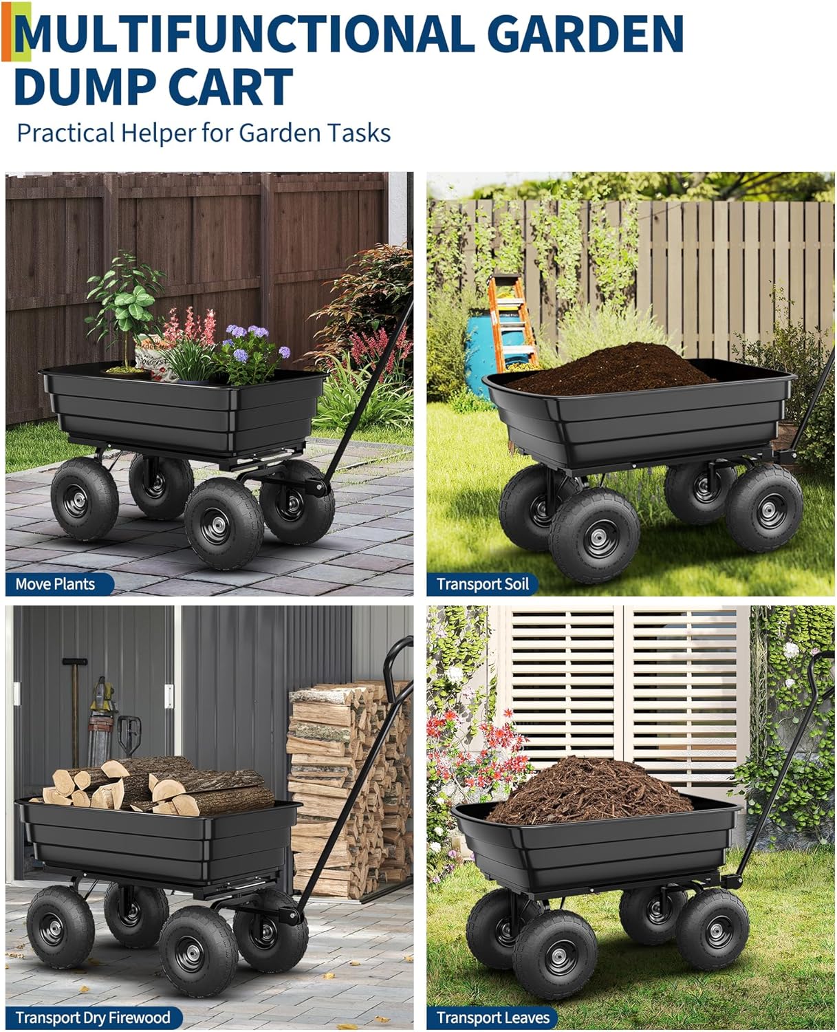 GarveeLife Poly Dump Cart - Heavy Duty 600 LBS Garden Cart with Quick-Release Dumping 10 in Tires, Utility Wagon for Yard Work, Landscaping, Gardening