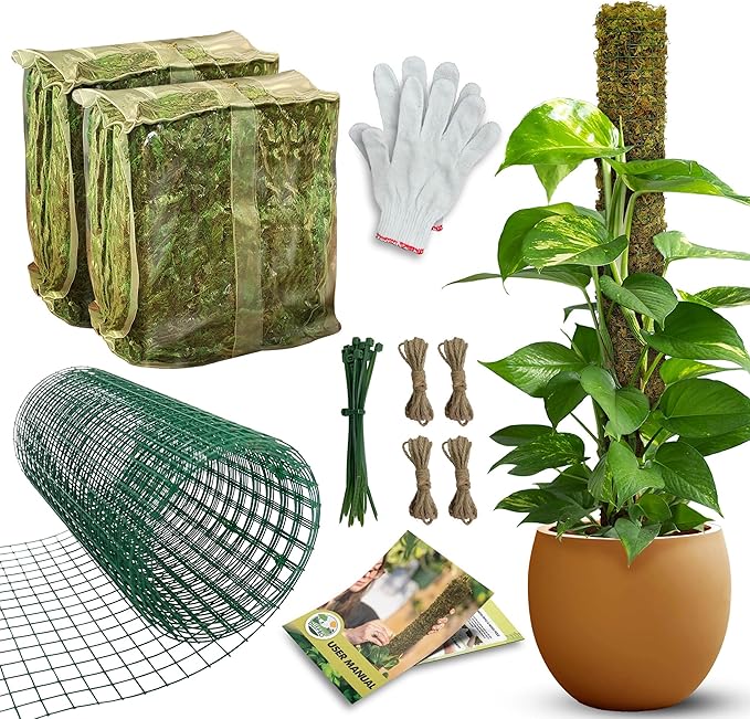 DUSPRO DIY Moss Pole Kit, Metal Moss Pole for Plant Monstera, Pothos, Philodendron, 1pc 8.6ββ x 6.5 ft Wire Moss Pole Mesh with Forest Moss, Cable Zip Ties, Gloves