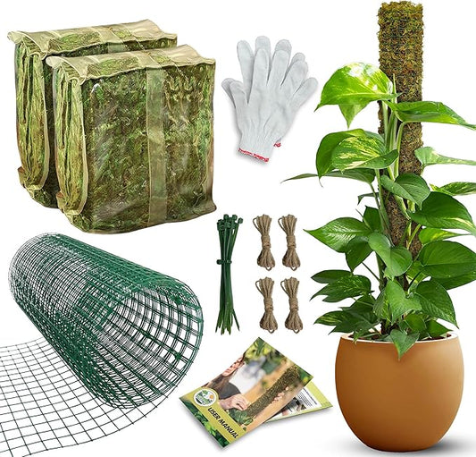 DUSPRO DIY Moss Pole Kit, Metal Moss Pole for Plant Monstera, Pothos, Philodendron, 1pc 8.6’’ x 6.5 ft Wire Moss Pole Mesh with Forest Moss, Cable Zip Ties, Gloves