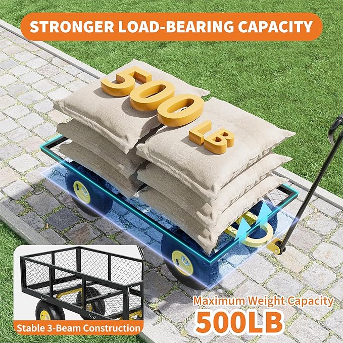 500 Lbs Garden Wagon, 2-in-1 Heavy-Duty Steel Garden Cart, with 10 Inch All-Terrain Tires and Removable Mesh Side Panels, 180° Rotating Handle, Metal Multi-Function Carts, Outdoor Gardens Wagon Cart