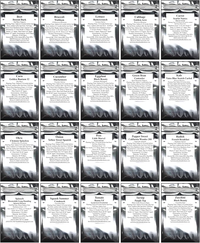 B&KM Farms 10,000 Non GMO Heirloom Vegetable Seeds for Planting Vegetables and Fruits (20 Variety Pack) - Gardening Seed Starter Kit, Survival Gear Food, Gardening Gifts, Prepper Supplies