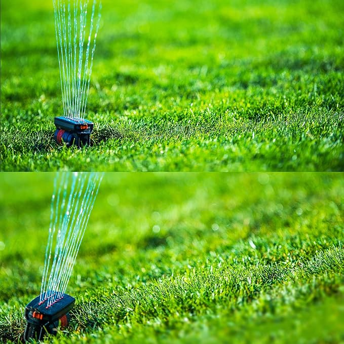 Stationary Yard Sprinklers, Oscillating Garden Sprinkler, 4 Modes Adjustable Lawn Sprinklers for Yard Large Area with 16 Spray Streams, Water Filter (Ground Spikes)