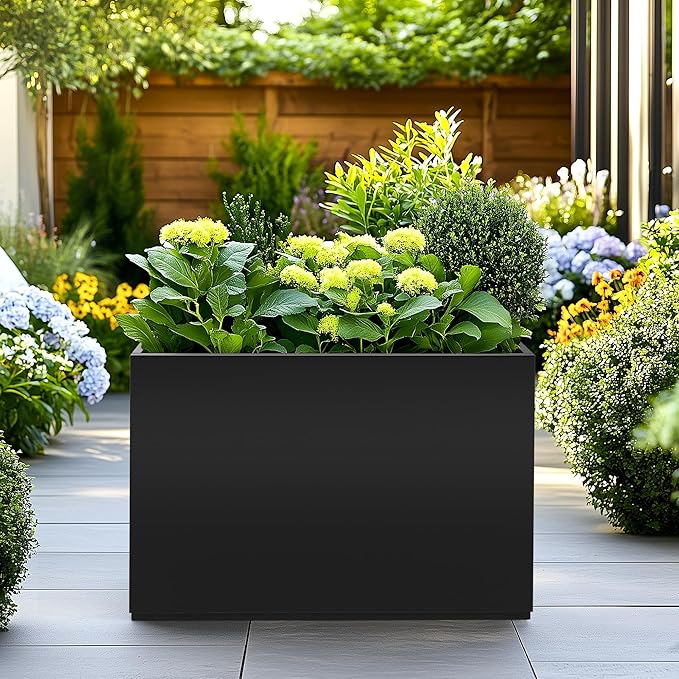 Large Rectangle Planter Metal Black Planter Box with a Drainage Hole and a Removable Divider Indoor Outdoor Porch Pots for Tall Plants, Trees, Flowers 35.43" x 9.06" x 25.59" Black