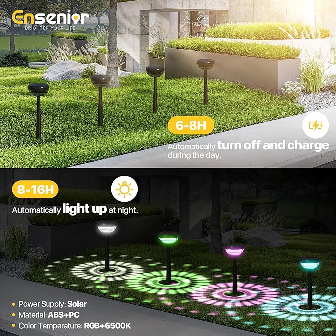 Ensenior Color Changing Solar Lights Outdoor, Auto ON/Off 6500K White Light & RGB LED Solar Garden Lights for Pathway, Yard, Patio, Waterproof, Energy-Efficient Landscape Lighting, 8-Pack