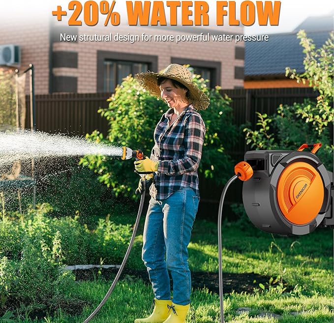 1/2" x 150 ft Retractable Hose Reel, Heavy Duty Retractable Garden Hose Reel Wall Mounted with 10-Pattern Hose Nozzle/Any Length Lock/Slow Return System/180°Swivel Bracket,Orange
