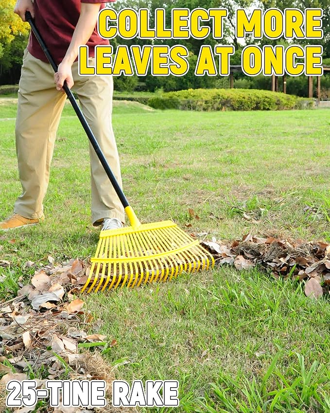 Garden Leaf Rake, 18” Wide Metal Rake with 25 Teeth, 62" Adjustable Long Handle, Heavy Duty Lawn Yard Tool for Leaves, Grass, Shrubs, Debris, Pine Needles, Garden Cleanup Tools for Backyard