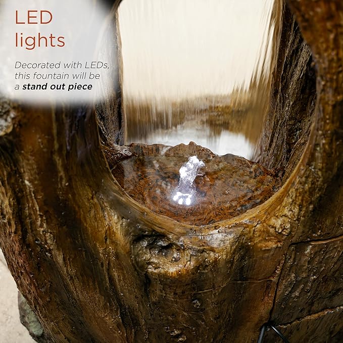 Alpine Corporation TZL338 Outdoor 3 Tier Waterfall Tree Trunk Floor Fountain with LED Lights for Patio, and Lawn Decor, 59 Inches Tall