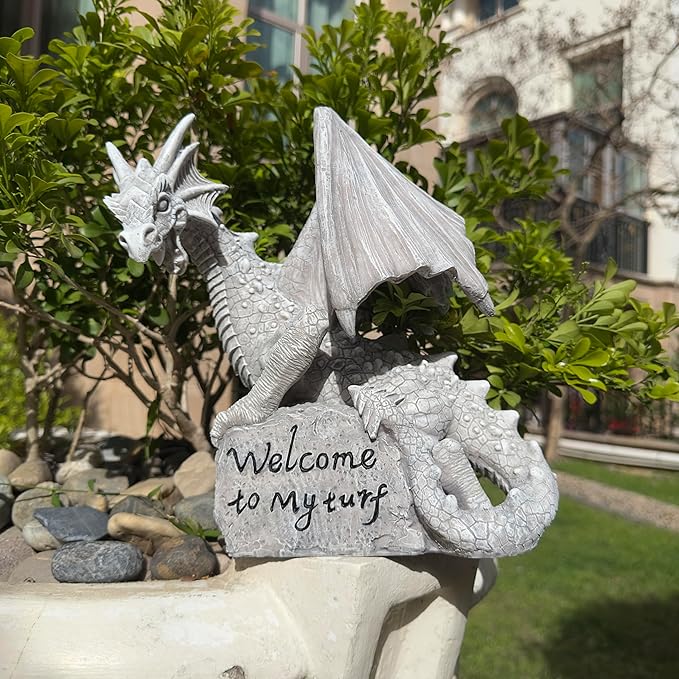Garden Large Dragon Statue Solar Powered Outdoor Figurine Light The Dragonfire Welcome to My Turf Sign Big Resin Sculpture Home Decoration Housewarming Ornament Unique Gift