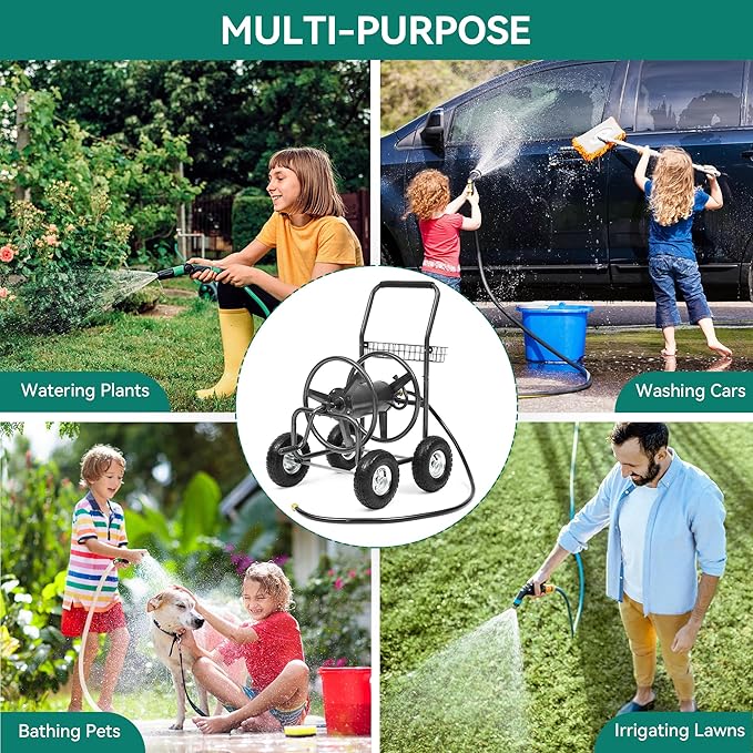 Garden Water Hose Reel Cart - 250 ft. Capacity, 10" Pneumatic Tires, Powder-Coated Steel Frame for Tangle-Free Garden Hose Storage