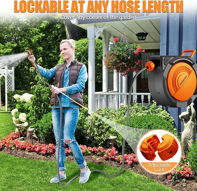 5/8" x 75 ft Retractable Hose Reel, Heavy Duty Retractable Garden Hose Reel Wall Mounted with 10-Pattern Hose Nozzle/Any Length Lock/Slow Return System/180°Swivel Bracket,Orange