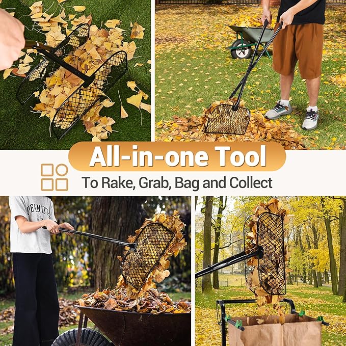 CAROD Leaf Grabber Rake with Long Handle, Lightweight Metal Leaves Rakes, Leaf Collector for Gardening, Leaf and Grass Picker Upper, Efficient and Labor-Saving Yard Rake Leaf Grabber No Bending Over