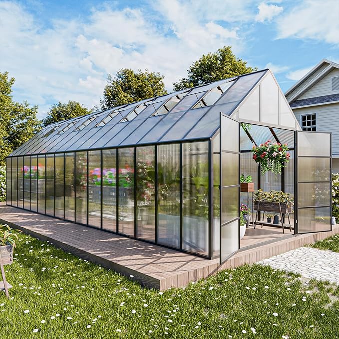 CDCASA 10x32 FT Greenhouse for Outdoors,Large Easy Assembly Thicker Aluminum Polycarbonate Greenhouses w/7 Windows, Double Door, Walk-in Green House for Outside,Patio,Backyard,Garden