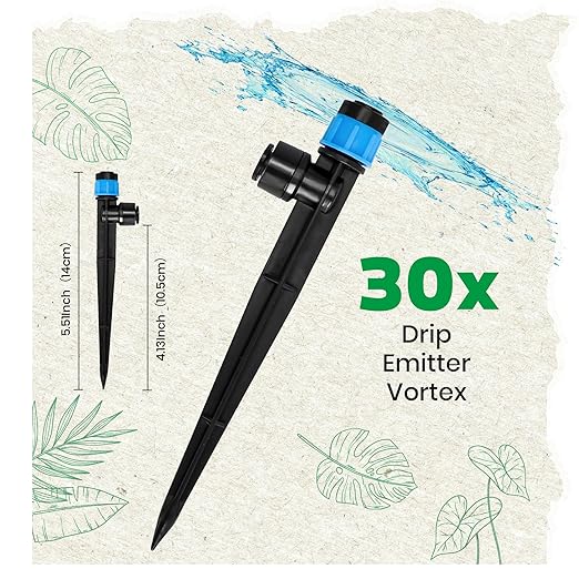 MIXC 30pcs Quick-Connect Drip Irrigation Emitters Fan Shape for 1/4" Drip Irrigation Tubing - Adjustable Push-to-Connect 360° Drip Emitters Vortex on 6" Sturdy Stake for Irrigation System