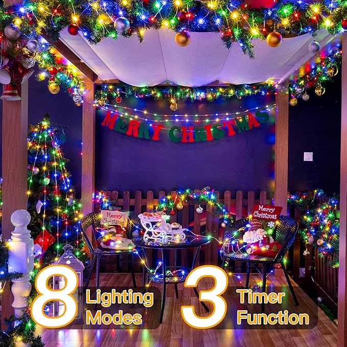 Ollny Christmas Lights Outdoor 600LED 197FT, Multicolor Christmas Tree Lights IP67 Waterproof, Plug in Fairy Lights with Remote 8 Modes Timer, Xmas Light for Indoor House Holiday Decor