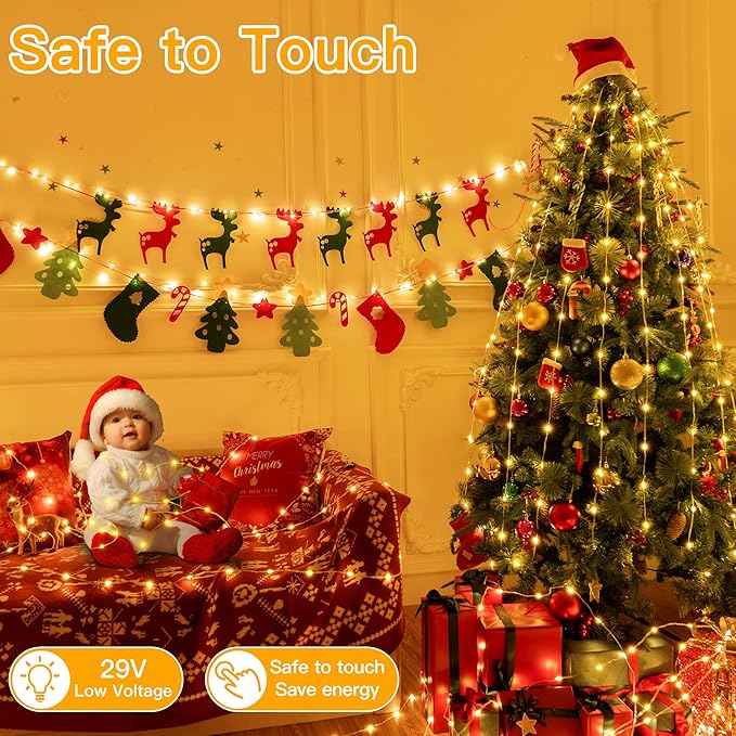 Ollny Christmas Lights Warm White, 600LED 197FT Christmas Tree Lights IP67 Waterproof, Plug in Fairy Lights with Remote 8 Modes Timer, Xmas Light for Outdoor Indoor House Holiday Decor