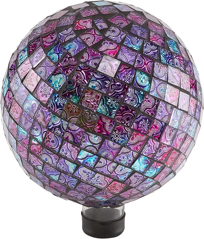 Alpine Corporation 10" Diameter Indoor/Outdoor Glass Mosaic Gazing Globe Yard Decoration, Purple Embossed Tile