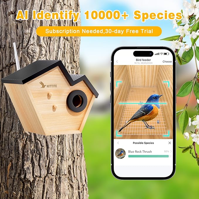 HITTITE Bird House with Camera, 2K HD Solar Powered Bird Houses for Outside with AI Identify, Auto Detect & Notify, Night Vision, Outdoor Birdhouse with Camera for Blue Bird & Other Backyard Birds