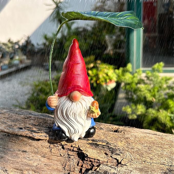 Garden Gnome Statue Decoration with Leaf Umbrella, 6.5” Figurine Ornament for Indoor Outdoor Home Patio Yard Lawn, for Gnome Lovers & Garden Enthusiasts,Mom,Women