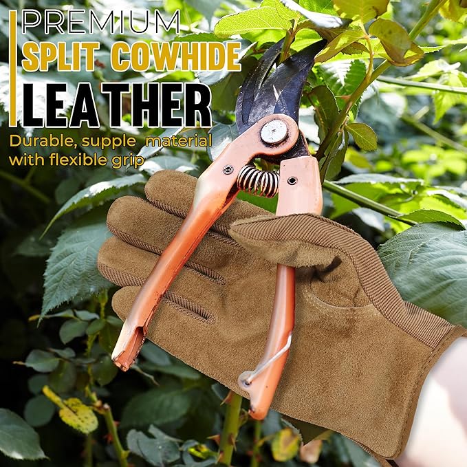 HANDLANDY Men Leather Gardening Gloves, Utility Work Gloves for Mechanics, Construction, Driver