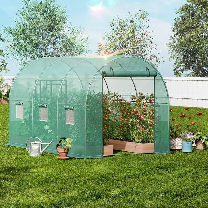 VEVOR Walk-in Tunnel Greenhouse, 9.6x6.4x6.2 ft Hoop House Greenhouse Tunnel, Plant Hot House with Galvanized Steel Frame, Green PE Cover, Roll-up Zipper Door and 6 Windows for Outdoor