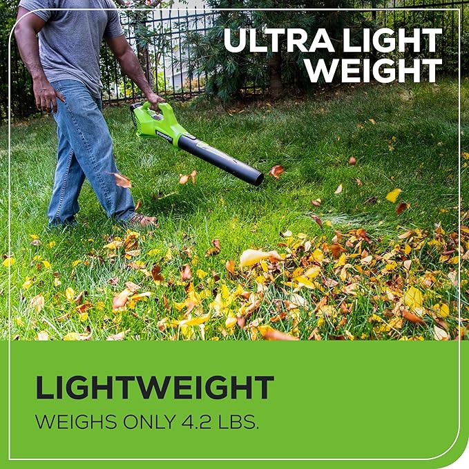 Greenworks 24V (90 MPH / 320 CFM / 150+ Compatible Tools) Cordless Axial Leaf Blower, 2.0Ah Battery and Charger Included