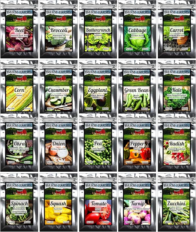 B&KM Farms 10,000 Non GMO Heirloom Vegetable Seeds for Planting Vegetables and Fruits (20 Variety Pack) - Gardening Seed Starter Kit, Survival Gear Food, Gardening Gifts, Prepper Supplies