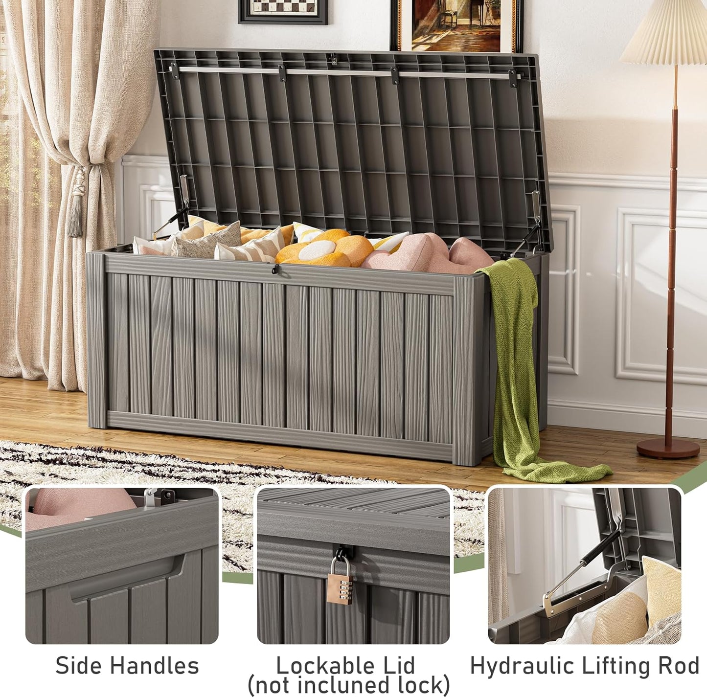 Outdoor Storage Box, Resin Deck Boxes Indoor and outdoor, Waterproof Storage Box Lockable Lid (Grey, 120 Gallon)