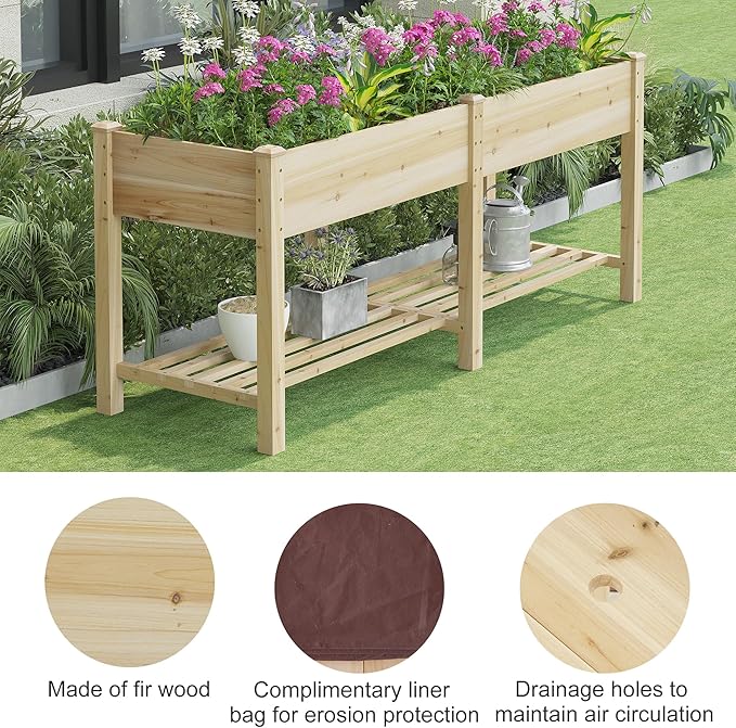 FILWH Raised Garden Bed with Legs Elevated Wooden Planter Box Stand Large Planter Stand Box for Fruits Vegetables Flowers with Divider with Bag - 72 * 24 * 30.5IN