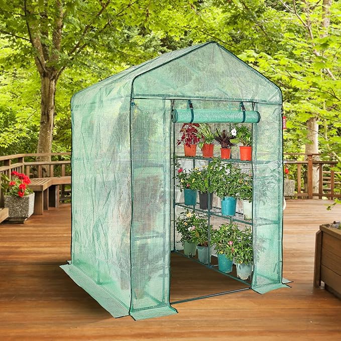 VEVOR Walk-in Green House, 55.5 x 55.5 x 78.7 inch, Portable Greenhouse with Shelves, High Strength PE Cover with Roll-up Zipper Door and Steel Frame, Set Up in Minutes, for Planting and Storage