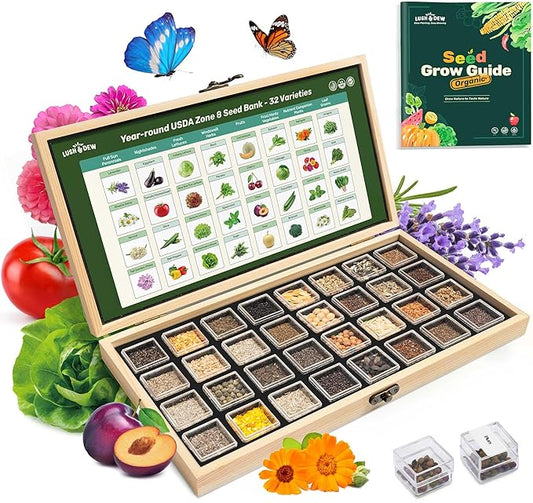 USDA Zone 8 Heirloom Seed Bank, 30,000+ Non-GMO 32 Varieties of Seeds for Planting Vegetables, Survival Seed Kit for Raised Garden Bed, Greenhouse, Gardening Gifts for Women Men
