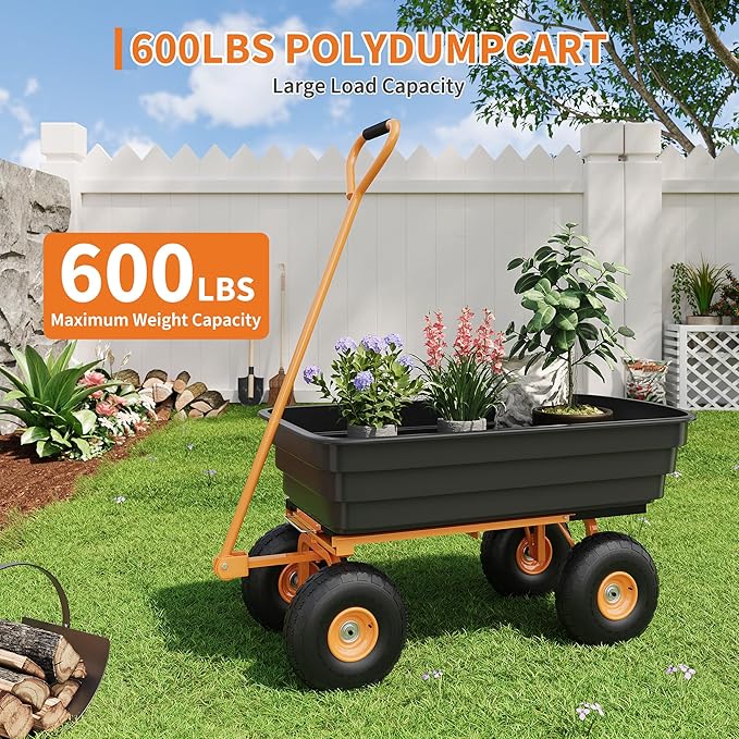 All-Terrain Garden Dump Cart with Removable Bed | 600Lb Heavy Duty Utility Wagon for Yard Work | 180° Pivoting Handle for Easy Control | Hauls Soil, Plants, Tools with Ease