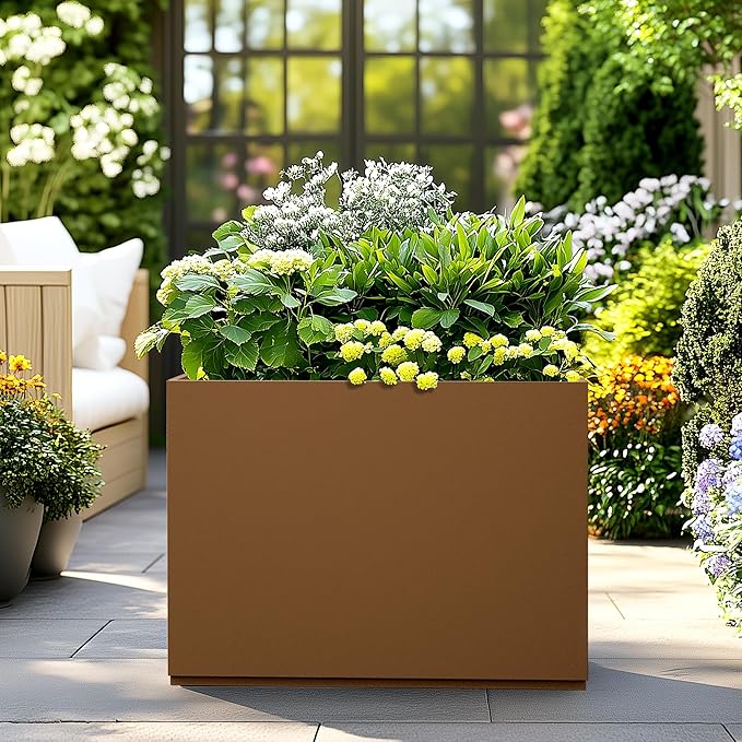 Large Rectangle Planter Metal Brown Planter Box with a Drainage Hole and a Removable Divider Indoor Outdoor Porch Pots for Tall Plants, Trees, Flowers 35.43" x 9.06" x 25.59" Brown