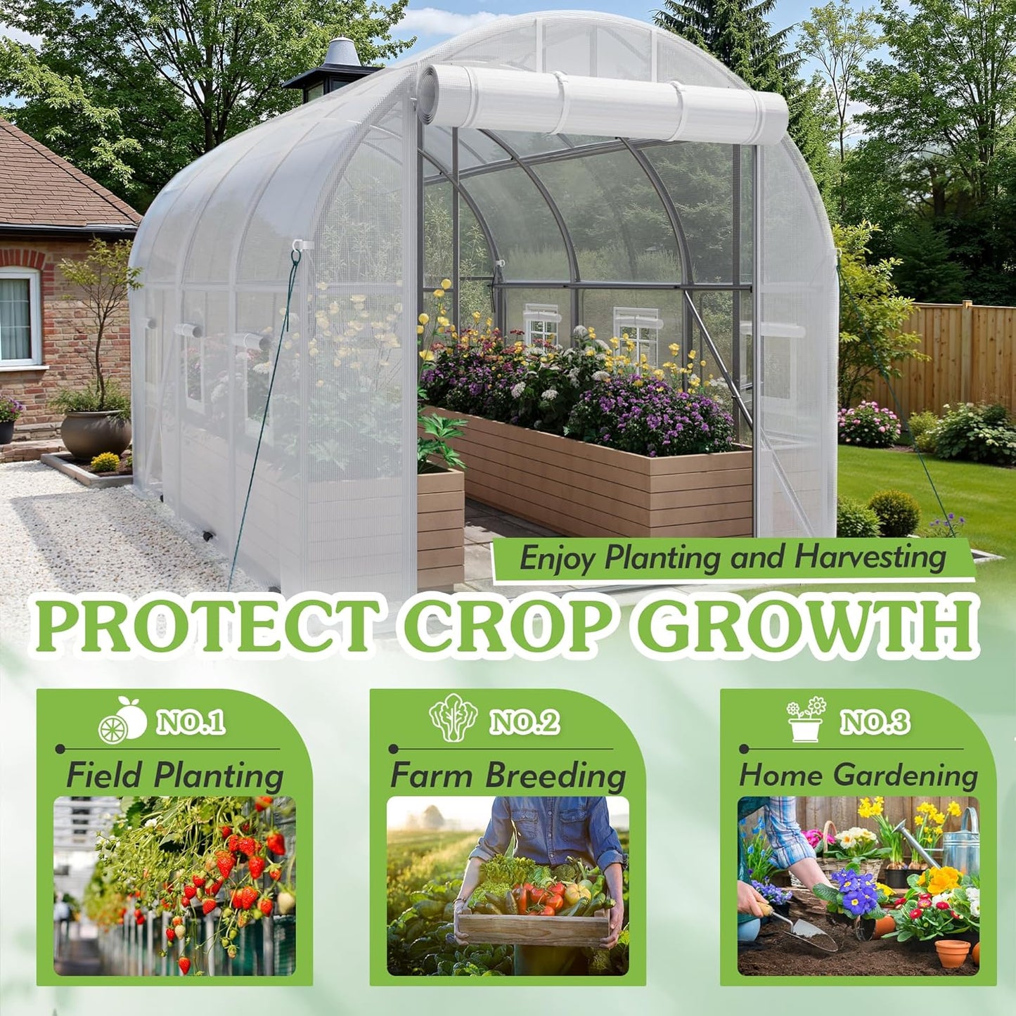 Greesum Walk-in Greenhouse for Outside Heavy Duty, Green House with Zippered Screen Doors & 6 Screen Windows for Winter, Ideal for Plant Protection and Growth, White