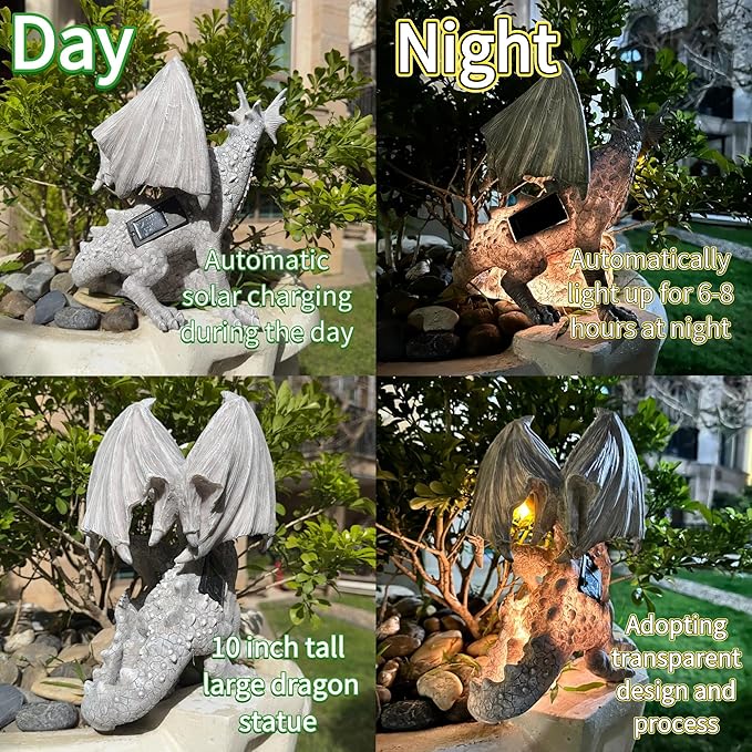 Garden Large Dragon Statue Solar Powered Outdoor Figurine Light The Dragonfire Welcome to My Turf Sign Big Resin Sculpture Home Decoration Housewarming Ornament Unique Gift