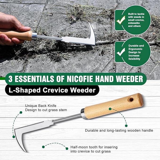 Weed Remover Tool 2-Piece with Wood Handle, Weeding Garden Tools for Gardening with Serrated Edge, Weed Puller for Removing Moss and Weeds, Weeding Tools for Dandelion