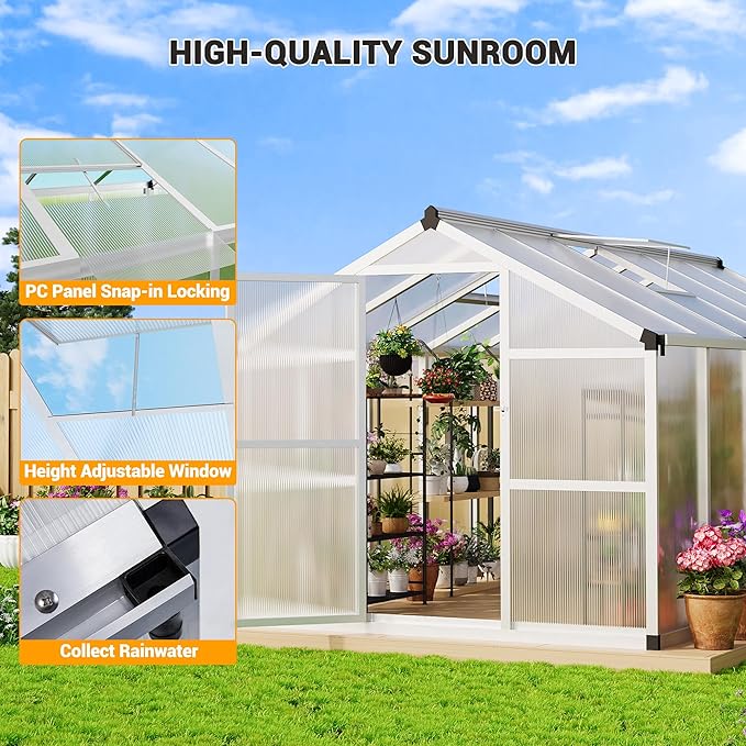 8x12 FT Polycarbonate Greenhouse with Roof Vent - Large Aluminum Walk-in Greenhouse Kit for Gardening, Backyard, Patio, Lawn - Easy Assembly