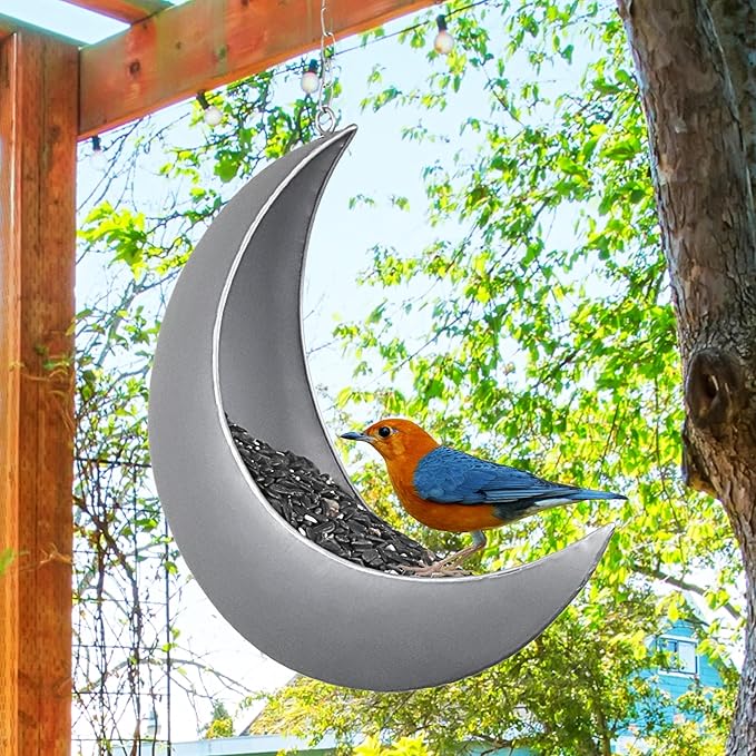 Hanging Moon Bird Feeder – Unique Metal Bird Feeders for Outdoors, Silver Rust-Resistant, Drain Holes – Wild Bird Feeder for Bluebirds, Cardinals, Finches, and Backyard Birdwatching