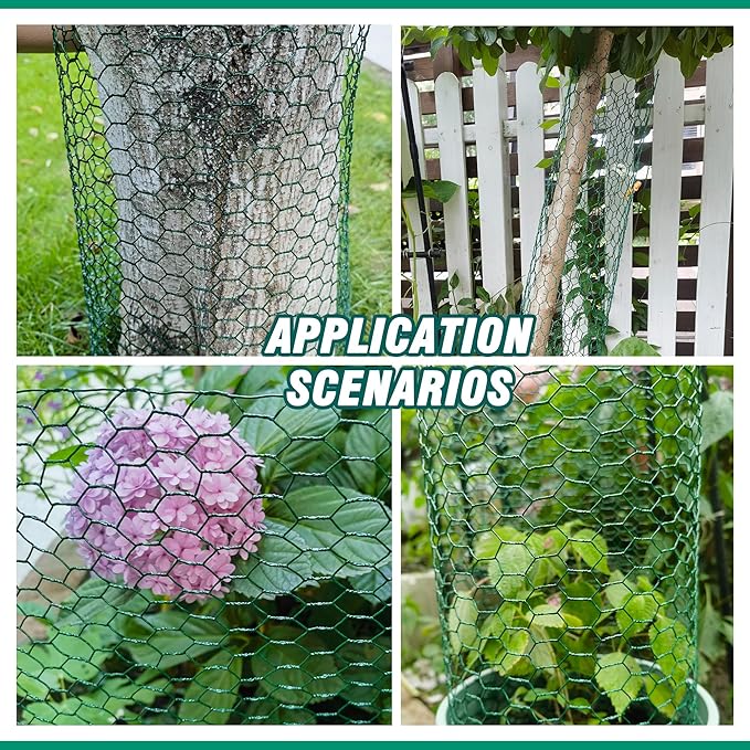 16.4Ft x16In Chicken Wire for Floral Arrangements - Free-Cut Green Metal Mesh with Hexagonal Galvanized PVC Coated Netting Guard Fence for Poultry, Garden, Plant