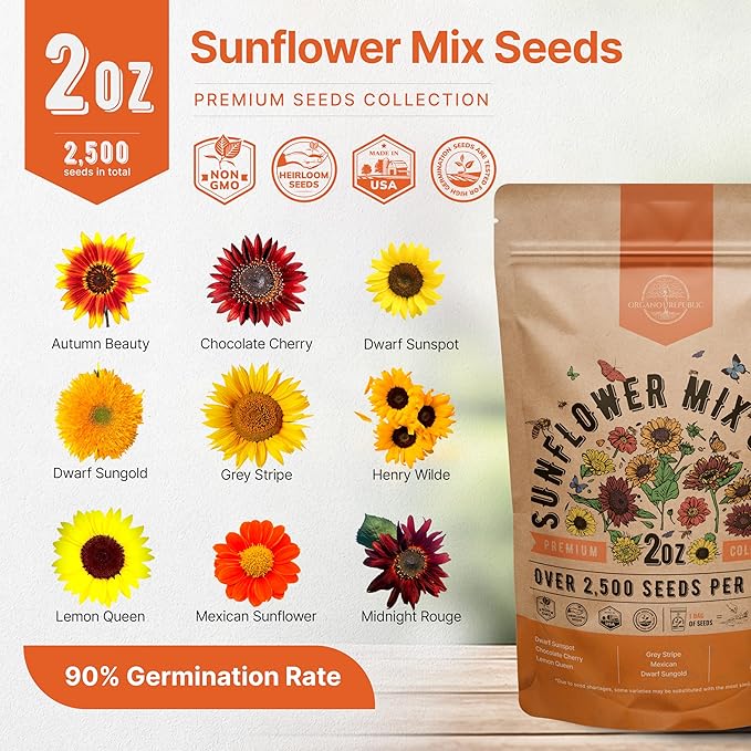 Sunflower Mix Seeds Pack 2 oz - Over 2,500 Non-GMO Heirloom Sunflower Seeds for Planting, Annual Flowers in Individual Seed Packet for Planting Home Garden Indoor & Outdoor Gardening