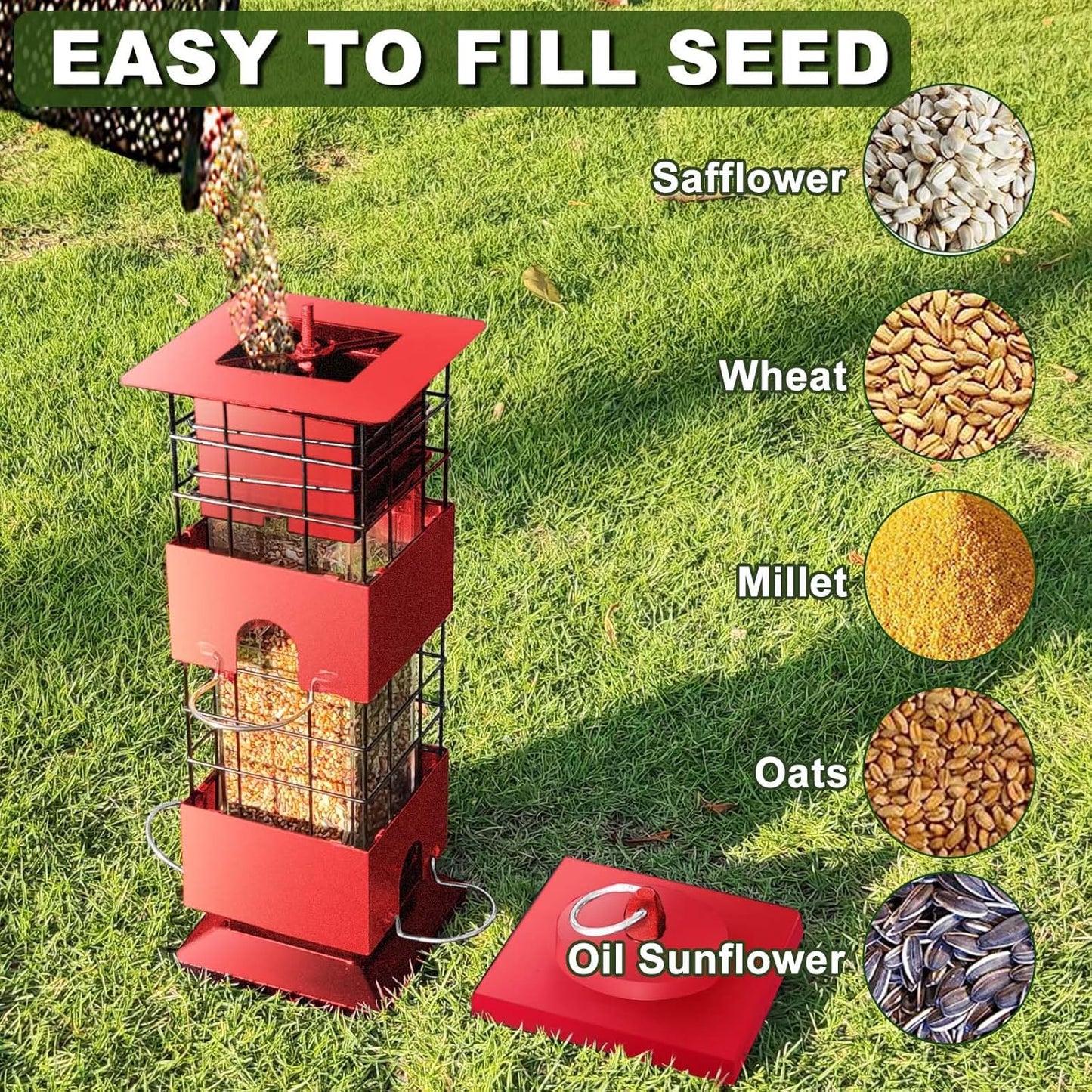 Squirrel Proof Bird Feeder, 3LBS Hanging Bird Feeders for Outdoors, Metal Anti-Squirrel Birdfeeder for Blue Jay, Cardinal, Outside (Red)