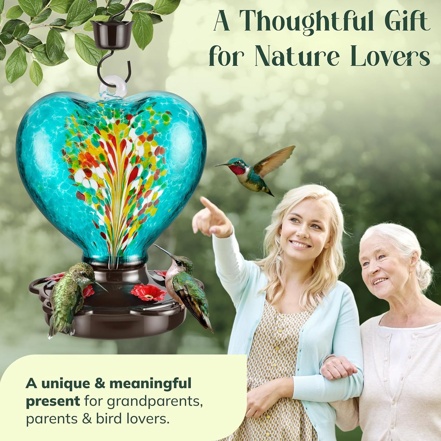 Hand Blown Glass Hummingbird Feeder for Outdoors All Season Use - 28 Fl. Oz. Leak Proof Hummingbird Feeder with Rust Proof Base - Includes Ant Moat, Ant & Bee Proof (Teal)