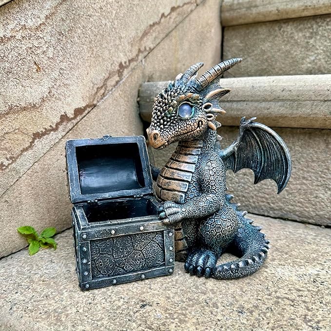 Garden Dragon Statue Solar Powered Outdoor Figurine Light Decor Cute and Hold Glowing Treasure Chest Resin Sculpture Home Decoration for Porch Patio Lawn Farm Yard Housewarming Ornament Gift