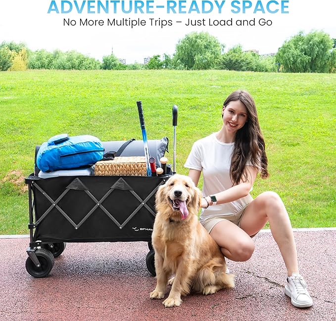 36" Collapsible Wagon Cart with Big All-Terrain Beach Wheels, Foldable Heavy Duty Wagons, Utility Carts for Camping, Garden, Outdoor, Grocery, Sports, Free Packable Backpack Included