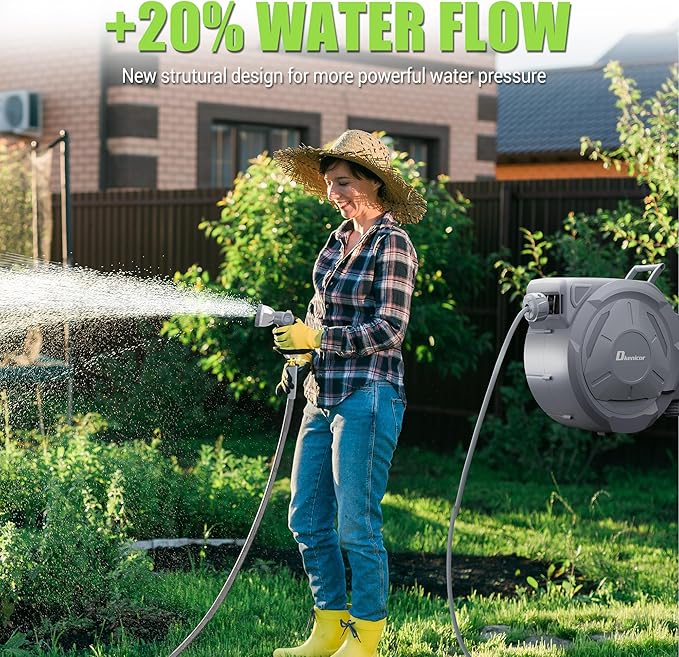 1/2" x 150 ft Retractable Hose Reel, Heavy Duty Retractable Garden Hose Reel Wall Mounted with 10-Pattern Hose Nozzle/Any Length Lock/Slow Return System/180°Swivel Bracket