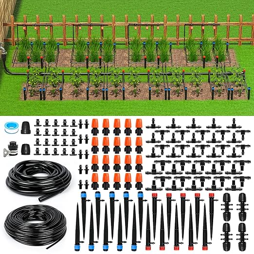MIXC 226FT Greenhouse Micro Drip Irrigation Kit, Automatic Patio Plant Watering System with 1/4" & 1/2" Tubing, Adjustable Nozzles, Emitters, & Barbed Fittings for Efficient Irrigation